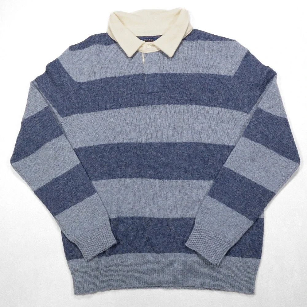 NWOT POLO RALPH LAUREN Men's Size L Blue Striped 100% Wool‎ Rugby Sweater Shirt